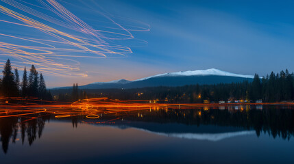 meteor. Vibrant meteor trails painting the night sky, mirrored perfectly in a tranquil alpine lake. travel magazines, destination branding, designed for outdoor magazines and nature guides.