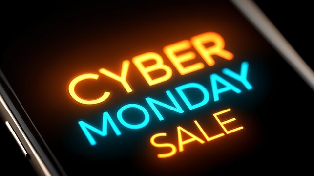 Smartphone displaying vibrant Cyber Monday sale message with glowing text, showcasing modern technology and digital shopping excitement, modern shopping trends in a sleek design
