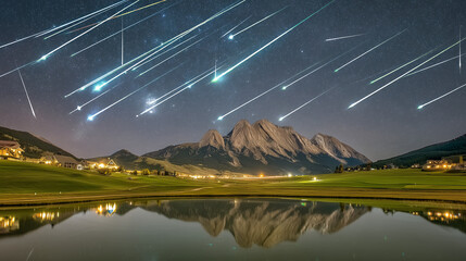 meteor. Vibrant meteor trails painting the night sky, mirrored perfectly in a tranquil alpine lake. travel magazines, destination branding, designed for outdoor magazines and nature guides.