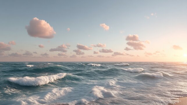 Golden Sunset over Calm Sea Horizon with Soft Clouds and Sparkling Waves in Cinematic HDR Seascape