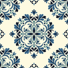 Seamless Damask Pattern with Blue and Teal Floral Motifs on Cream Background vector