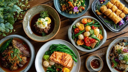 A vibrant display of diverse dishes showcasing fresh ingredients and colorful presentation for culinary enthusiasts.