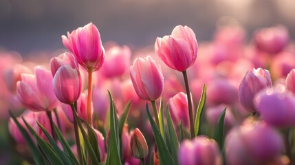 Fototapeta premium A vibrant field of pink tulips blooming under soft sunlight, creating a serene and beautiful floral landscape.