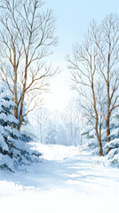 A Serene Winter Landscape: Snow-Covered Trees in a Tranquil Background Emphasizing Nature's Beauty and Peaceful Atmosphere