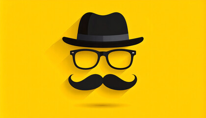 Stylish Gentleman Icon: Hat, Glasses, and Mustache on Yellow Background