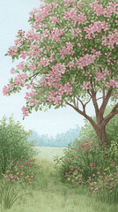 Captivating Blossoms: A Serene Landscape Featuring Lush Greenery and Beautifully Blooming Flowers in a Peaceful Garden Setting