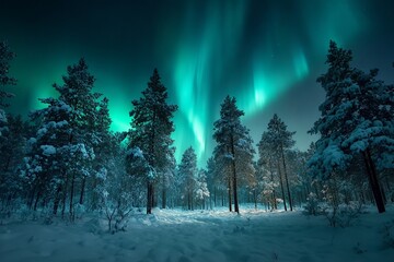 Aurora borealis glowing over snowy forest at night