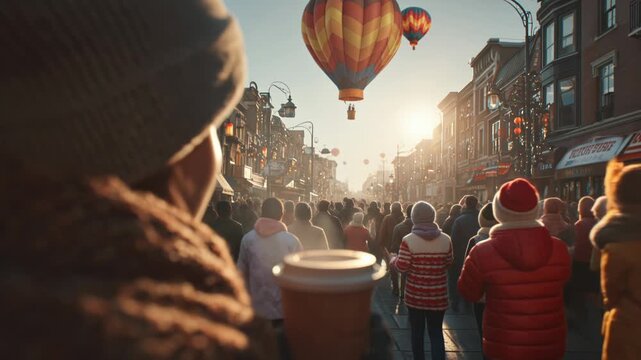 Crowd enjoys warm drinks while hot air balloons rise at Thanksgiving Day Parade in vibrant downtown setting
