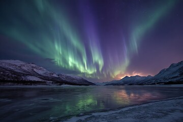 Fototapeta premium Northern lights reflecting over frozen lake with snowy mountains at night