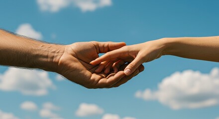 Two hands one larger and darker gently touching against a blue sky with white clouds