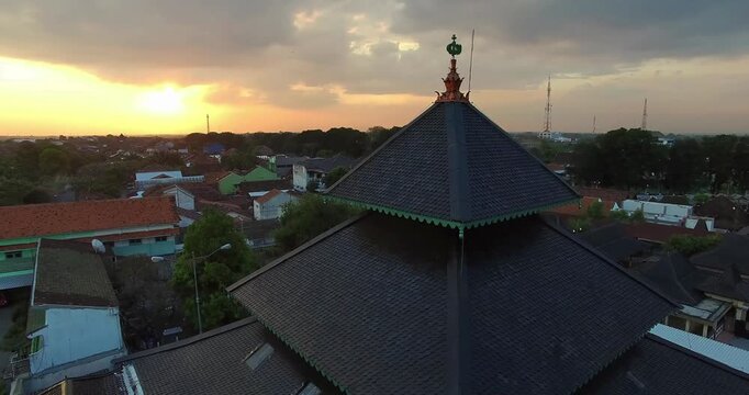 Drone Video of Roof Top Demak Great Mosque Central Java Evening Skyline