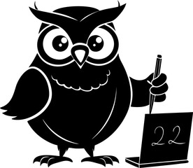 Owl teacher writing on chalkboard silhouette  vector black , white background 