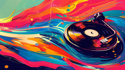Pop art 60s psychedelic colorful trippy retro style image of vinyl record album on a turntable with music coming out of it in colorful waves and dance party rave atmosphere background copy space