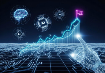 A glowing holographic hand pointing at a futuristic neon blue progress line graph, checkmarks and flag mountain icon