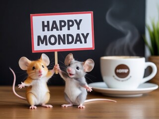 Two cute mice holding a happy monday sign next to a steaming cup of coffee on a wooden table