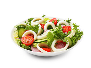 Delicious salad with squid rings and vegetables isolated on white