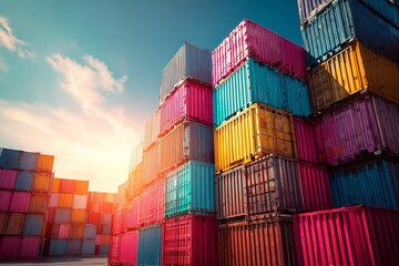 Fototapeta premium Colorful stacked cargo containers under dramatic sky at sunset