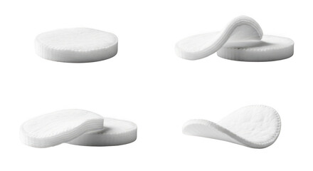 A collection of four white cotton pads, showcasing different angles and arrangements isolated on transparent background