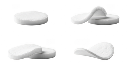 A collection of four white cotton pads, showcasing different angles and arrangements isolated on transparent background