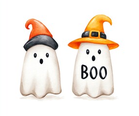 Adorable Watercolor Ghosts in Festive Hats, One Says Boo! Spooky Cute Halloween Illustration