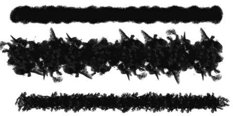 Three abstract black brush stroke textures isolated on transparent background, representing artistic elements and grunge effects