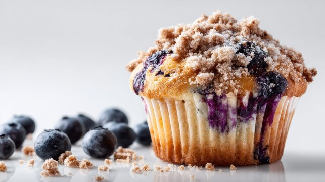 Fresh blueberry muffin topped with crumbly streusel, surrounded by ripe blueberries, perfect for dessert or breakfast.