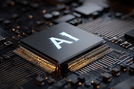 AI Chip: A macro shot of a technologically advanced AI chip, with intricate circuit patterns and glowing AI text, symbolizing the future of artificial intelligence. - Powered by Adobe