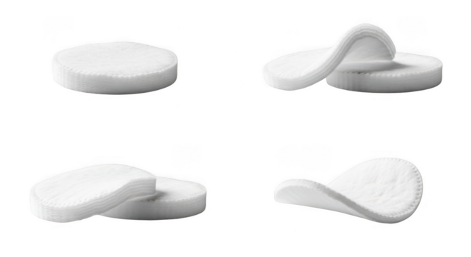 A collection of four white cotton pads, showcasing different angles and arrangements isolated on transparent background