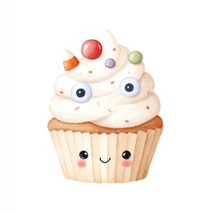Adorable Watercolor Cupcake with Googly Eyes and Candy, Festive Halloween Treat