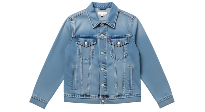 Blue denim jacket with button closure and chest pockets