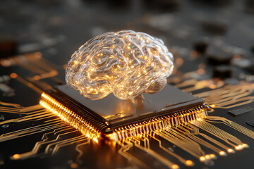 Digital Brain: A glowing, holographic brain levitates above a complex circuit board, representing artificial intelligence and technological advancement.