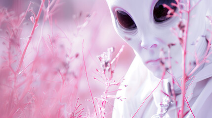 Retro gray space alien with big eyes looks at a flower 1960s colored tv show style white extra terrestrial moody campy fun UFO dreamy alien planet background copy space