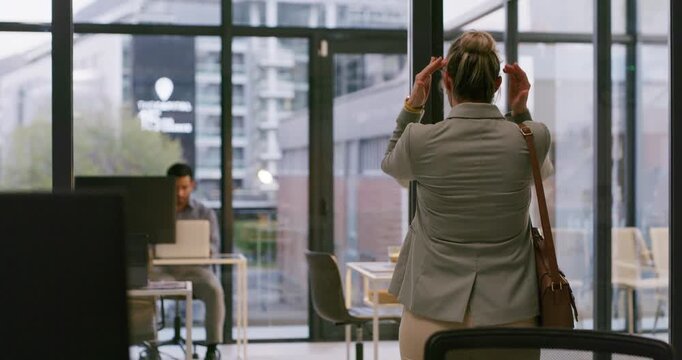 Business, woman or knock on office entrance for interview arrival, appointment preparation or hiring. Door, nervous employee and meeting with manager for recruitment negotiation, opportunity or back