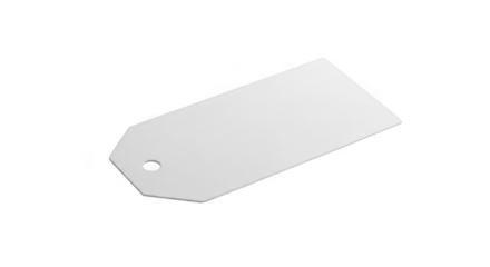 A blank, white rectangular tag with a hole in the corner, isolated on a transparent background
