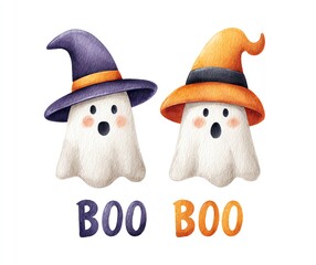 Adorable Watercolor Ghosts in Witch Hats, a Spooky Yet Cute Halloween Treat. Boo!