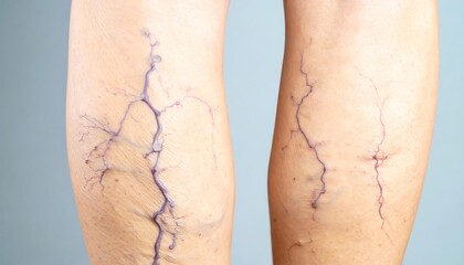 Close up of human legs showing visible blue varicose veins on light skin