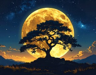 Golden moon, ancient tree, starry night