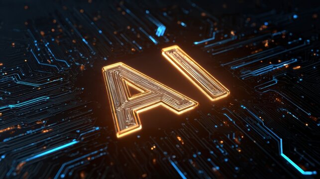 Futuristic digital concept of artificial intelligence represented by glowing letters and circuits.