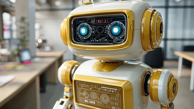 Cybernetic Companion in the Office: A futuristic robot with advanced optics navigates a modern office environment, representing the cutting edge of technology.