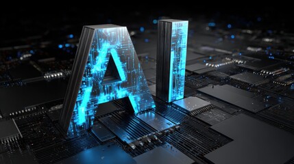 Futuristic representation of AI technology with glowing letters and a circuit board background.