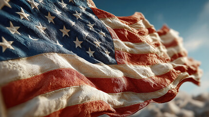Veterans honored with a waving american flag on a bright peaceful sunny day of remembrance