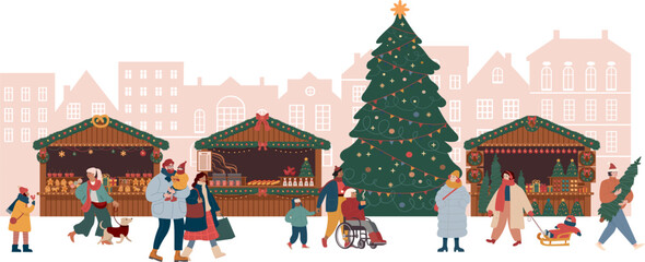 Christmas market with festive tree and people in winter holiday atmosphere