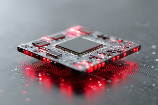 Illuminated Microchip: A high-tech microchip, aglow with vibrant red light, showcasing intricate circuitry and technological prowess.