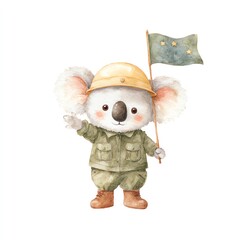 Adorable Koala in uniform waves, holding a flag. Watercolor illustration of a cute marsupial on an adventure.