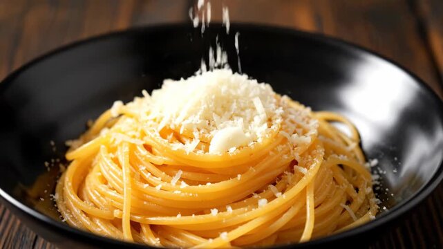 Preparing Classic Italian Pasta in Black Bowl on Wooden Table, Grating Hard Cheese for Tasty Lunch at Home