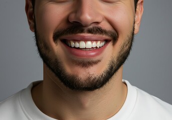 Fototapeta premium Close-up of a happy man's smile and beard. Generative Ai