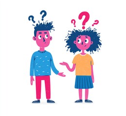 Curious Children Discuss Ideas Together,Question Marks Above Their Heads Illustrate Uncertainty And Contemplation
