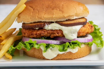 chicken sandwich  top mushrooms and tarter sauce