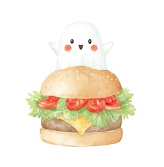 Adorable Watercolor Ghosts Hovering Over a Juicy, Delicious Burger