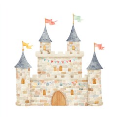 Charming Watercolor Stone Castle Clipart, Festive Flags, Whimsical Design, Perfect for Childrens Books or Cards